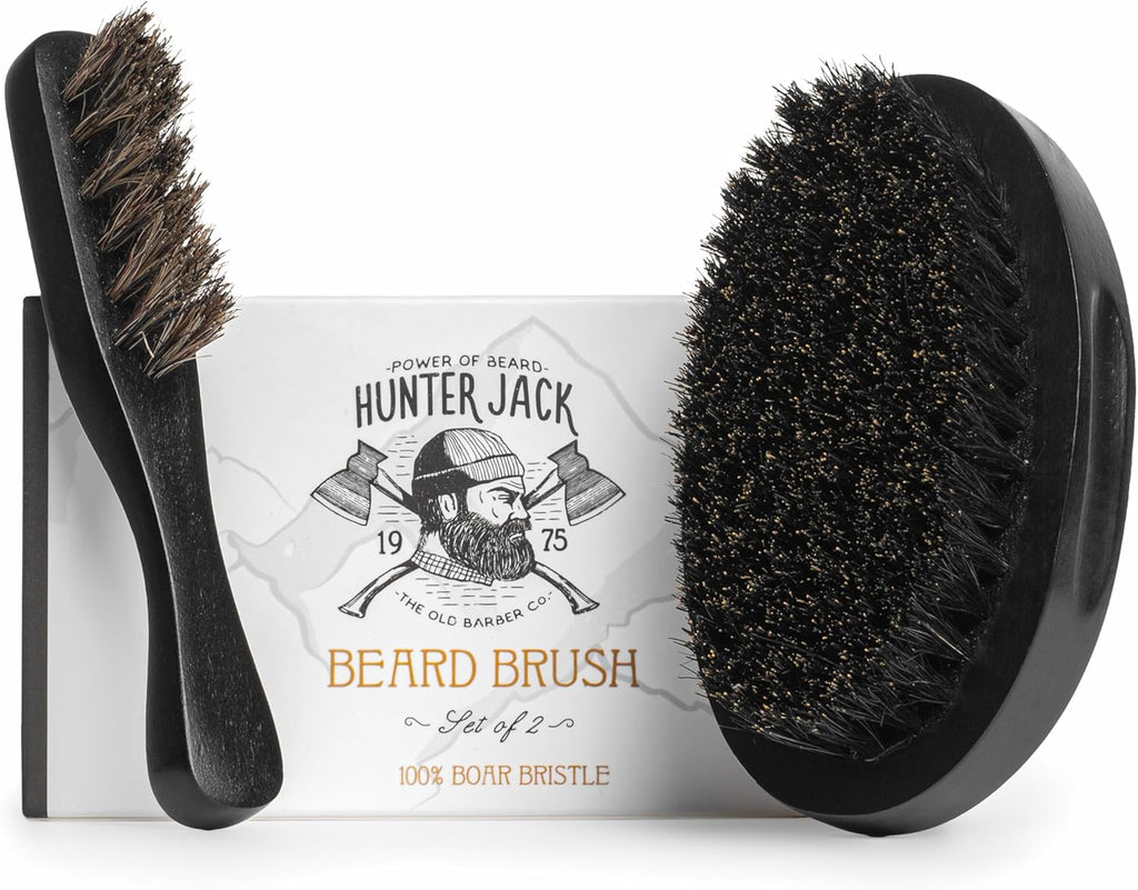 Beard Brush for Men - Natural Boar Bristle Beard Brush Kit - Soft Small Mustache Brush for Men - Premium Travel Grooming Set by Hunter Jack