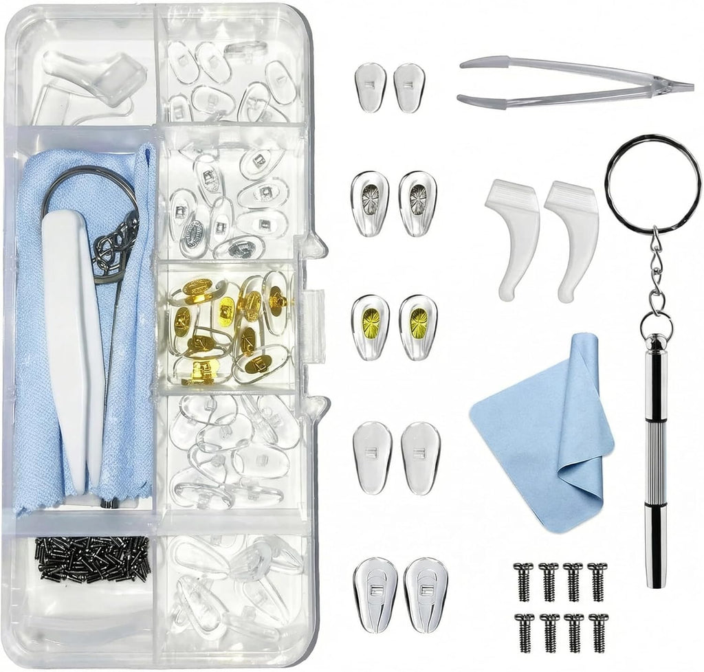 25 Pairs Eye Glasses Nose Pads, Silicone Screw-in Nose Pad Eye Glasses Repair Kit with Screws Screwdriver Tweezers Cleaning Cloth