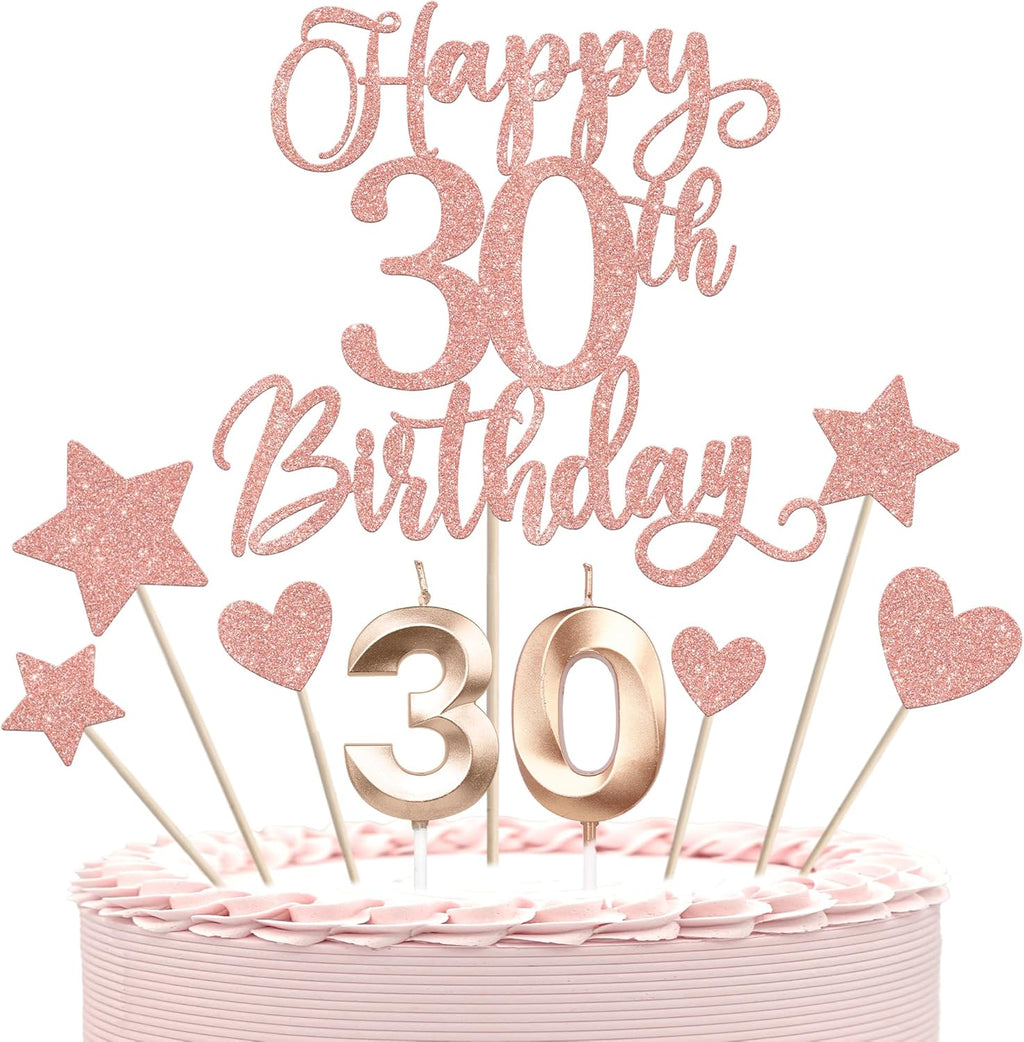 13 PCS Happy 30th Birthday Cake Toppers with Heart Star Glitter Cheers to 30 Years Birthday Cake Picks Number 30 Candles Cake Decorations for Happy 30th Birthday Anniversary Party Supplies Rose Gold