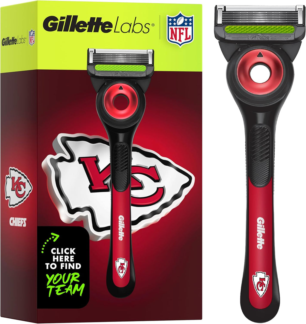 Gillette Labs Special NFL Chiefs Edition Shaving Razor for Men - 1 Handle, 4 Razor Blade Refills & Magnetic Stand, GilletteLabs with Exfoliating Bar