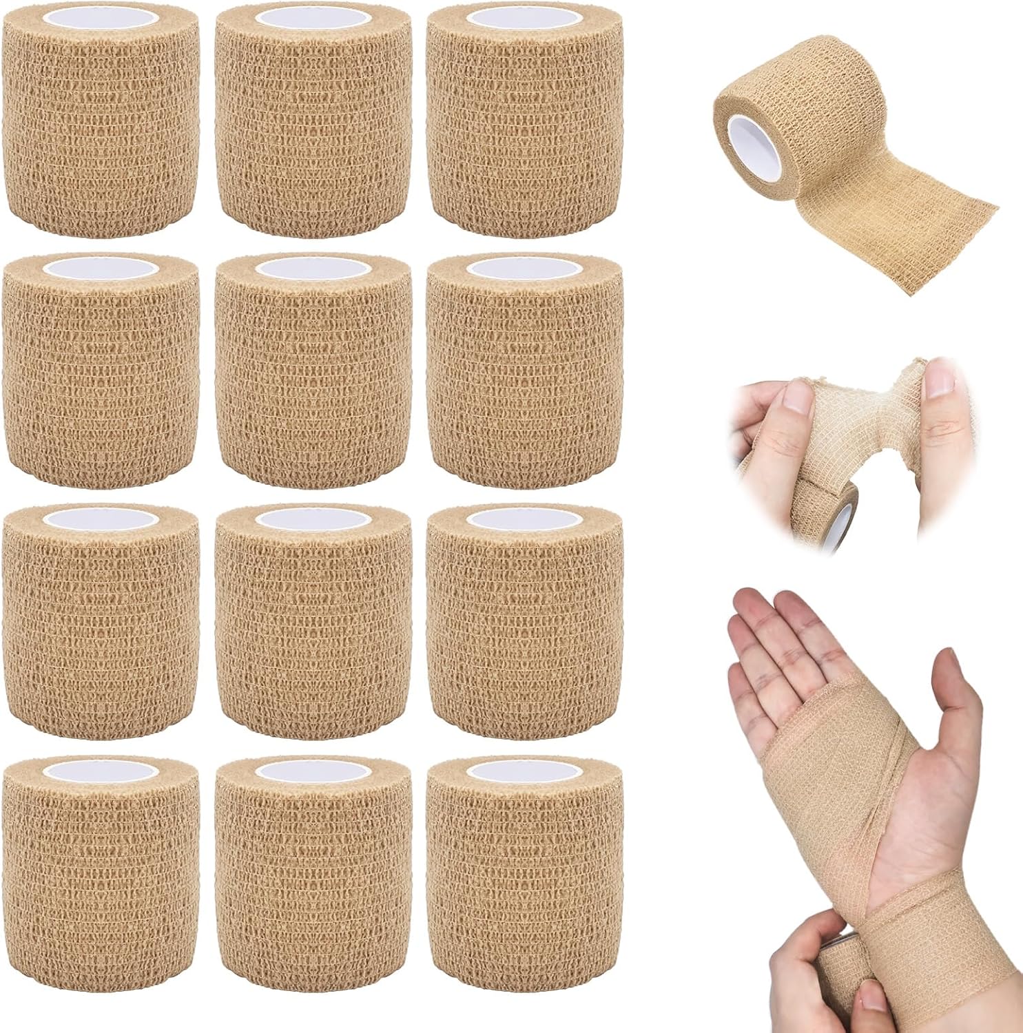 Cohesive Bandage Wrap 2 Inch x 5 Yards, 12 Pack Skin Color Self Adhesive Athletic Tape for Medical First Aid, Injury Recovery & Sports Wraps