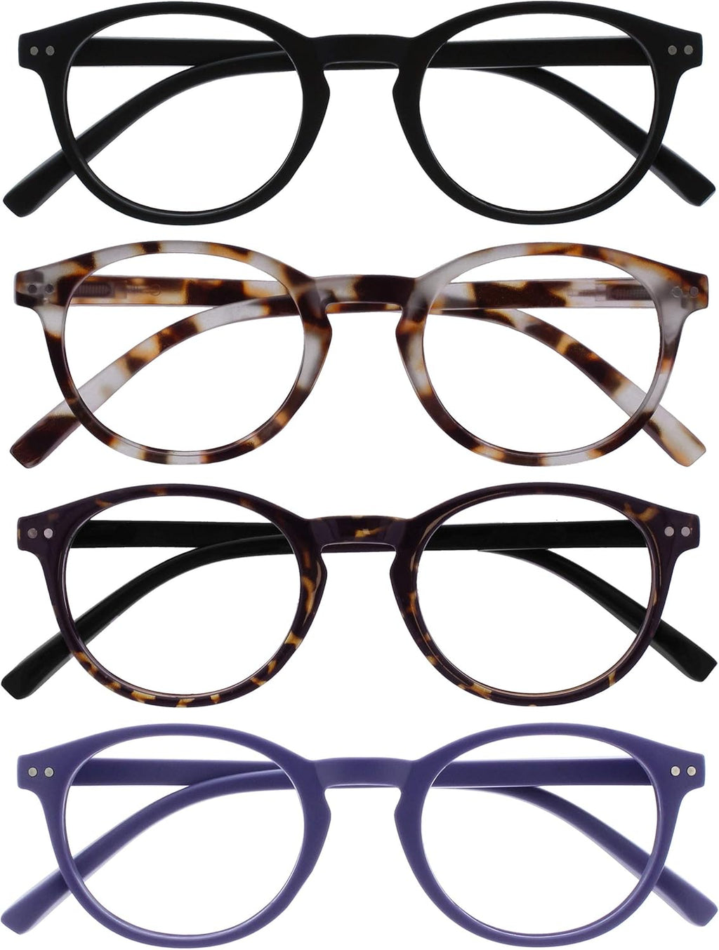 OPULIZE ZEN Reading glasses for Women Men,Scratch Resistant Round frame with Spring Hinges, Black,Light Brown,Dark Brown,Purple +1.5 (Pack of 4)