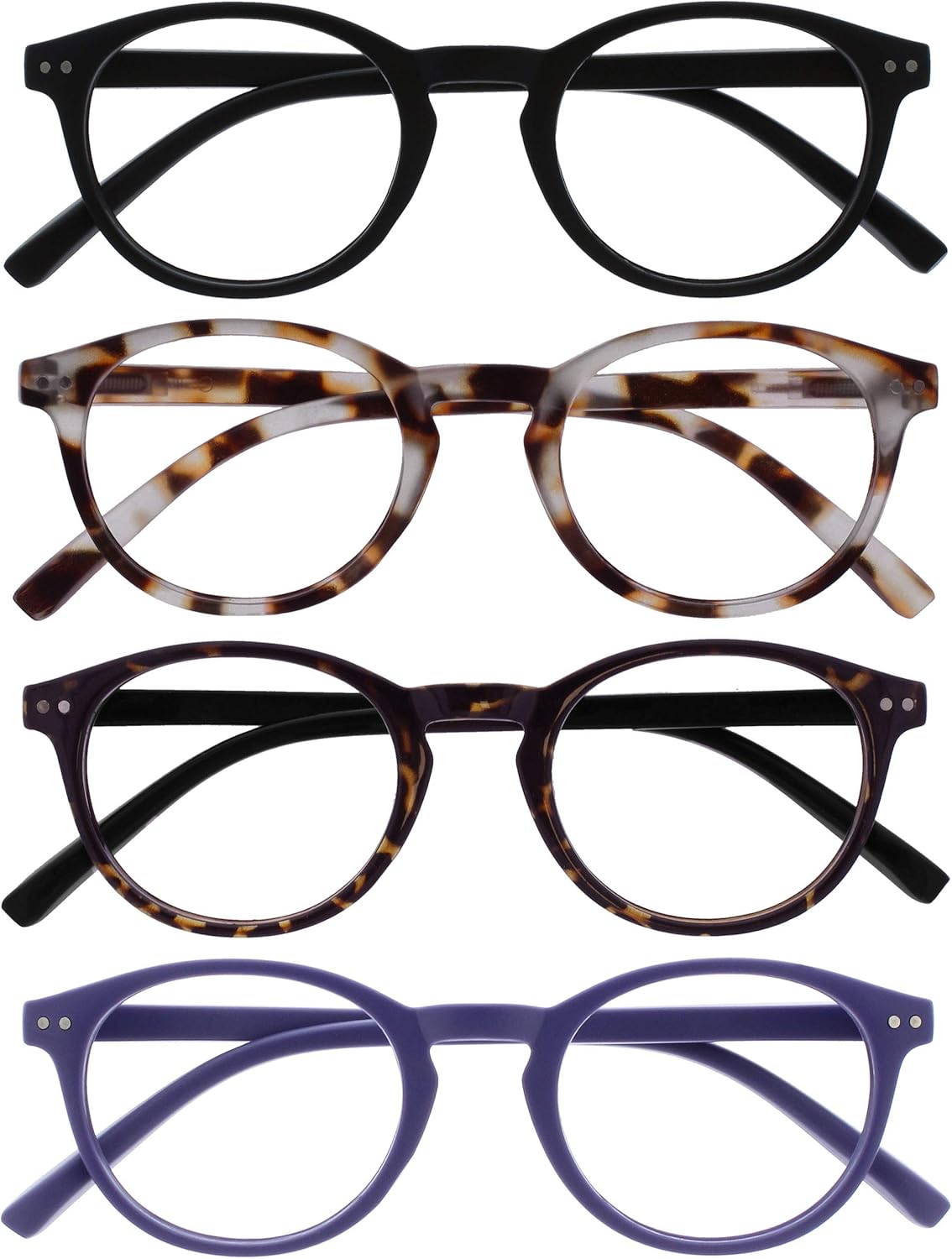 OPULIZE ZEN Reading glasses for Women Men,Scratch Resistant Round frame with Spring Hinges, Black,Light Brown,Dark Brown,Purple +1.5 (Pack of 4)
