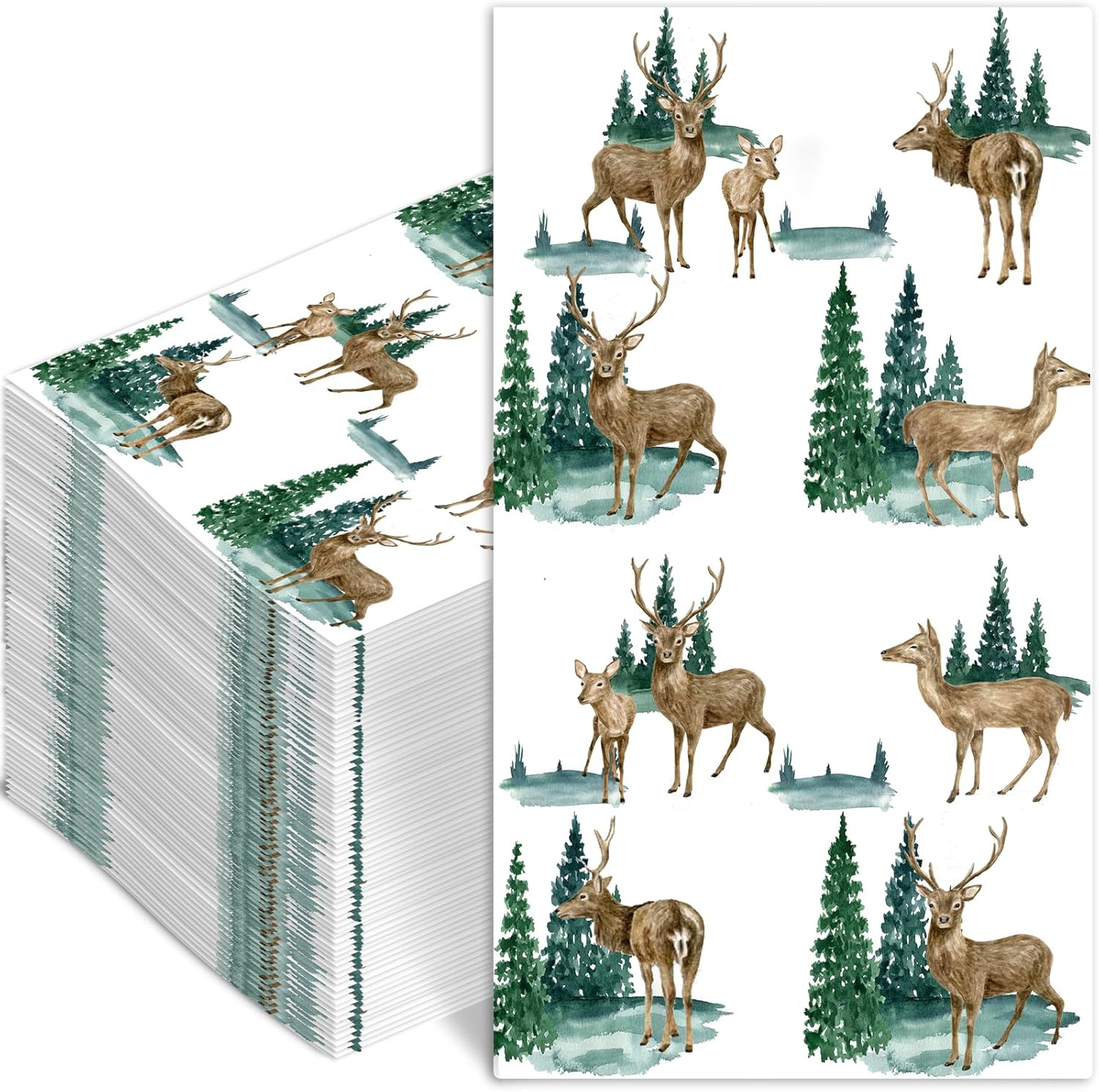 100 Pcs Forest Deer Napkins - Animal Design Disposable Dinner Paper Napkins for Woodland Animal Party, Christmas, Winter Holiday, 15.7 x 12.9 Inch
