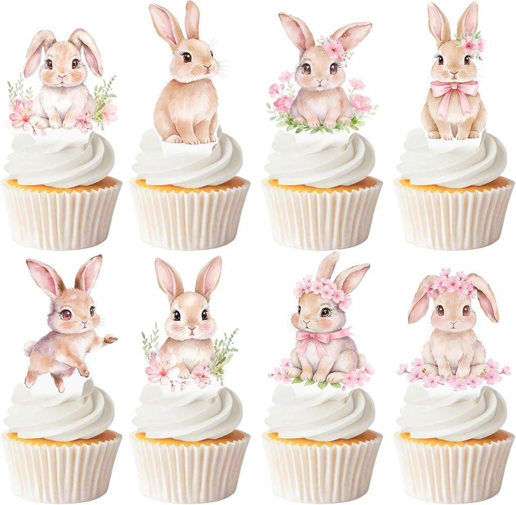 Bunny Birthday Party Supplies Easter Bunny Party Cupcake Toppers 48PCS Floral Rabbit Cake Decorations Easter's Day Cupcake Picks For Easter Birthday Baby Shower Decor