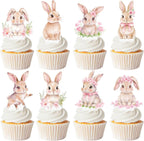 Bunny Birthday Party Supplies Easter Bunny Party Cupcake Toppers 48PCS Floral Rabbit Cake Decorations Easter's Day Cupcake Picks For Easter Birthday Baby Shower Decor