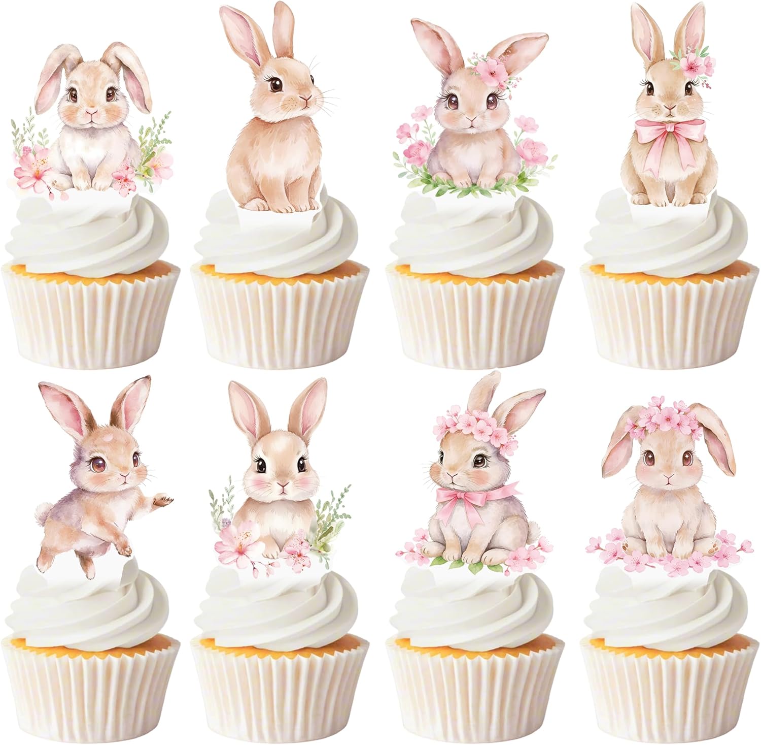 Bunny Birthday Party Supplies Easter Bunny Party Cupcake Toppers 48PCS Floral Rabbit Cake Decorations Easter's Day Cupcake Picks For Easter Birthday Baby Shower Decor