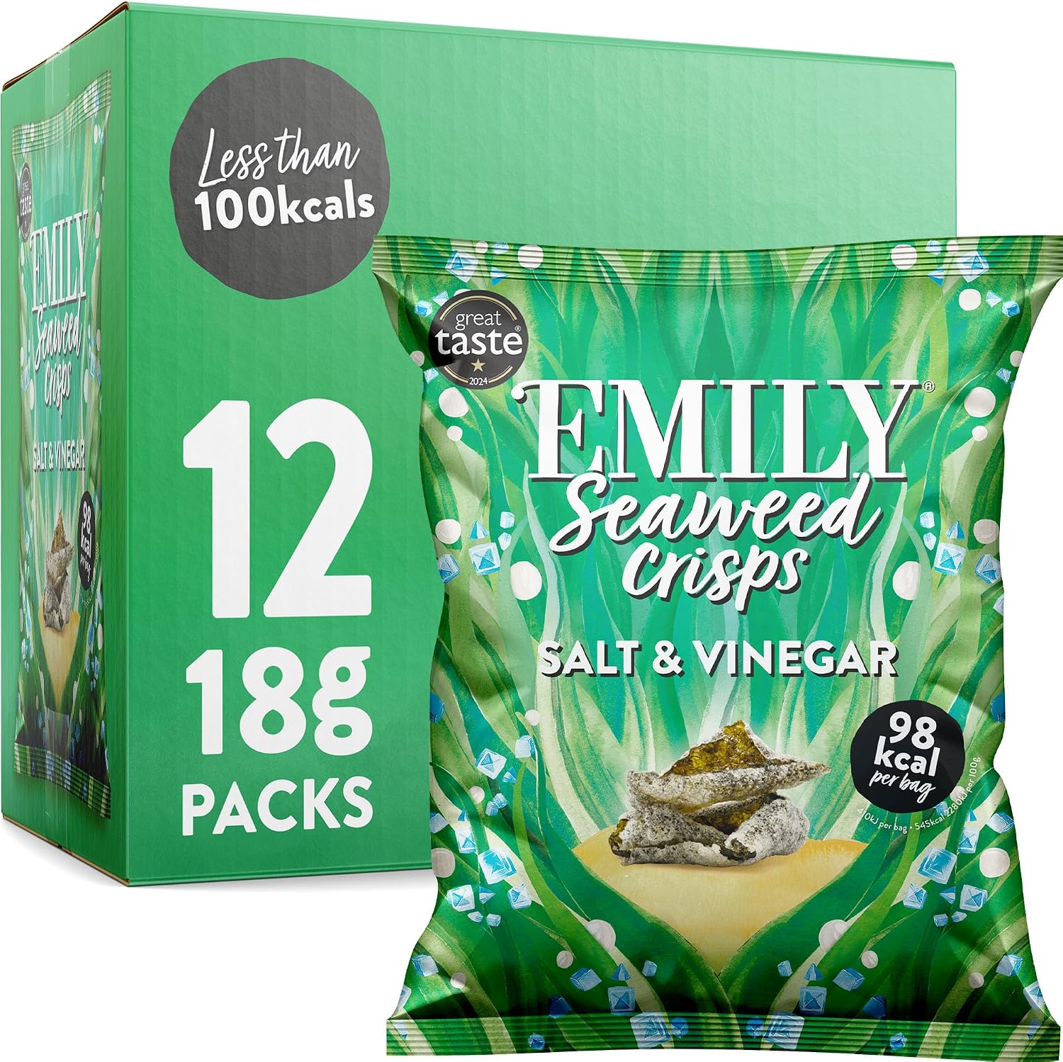 Abakus Crunchy Seaweed Chips - Salt & Vinegar 12 x 18g, Seaweed Snack, Nori Snack, Vegan, Gluten-Free, Healthy Snack, Source of Iodine