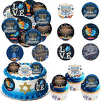 36PCS Edible Happy Hanukkah Cupcake Toppers Wafer Paper Candlestick Hexagram Chanukah Cake Decorations Jewish Cupcake Picks for Chanukkah Theme Party Birthday Decor Supplies (Pattern 2)