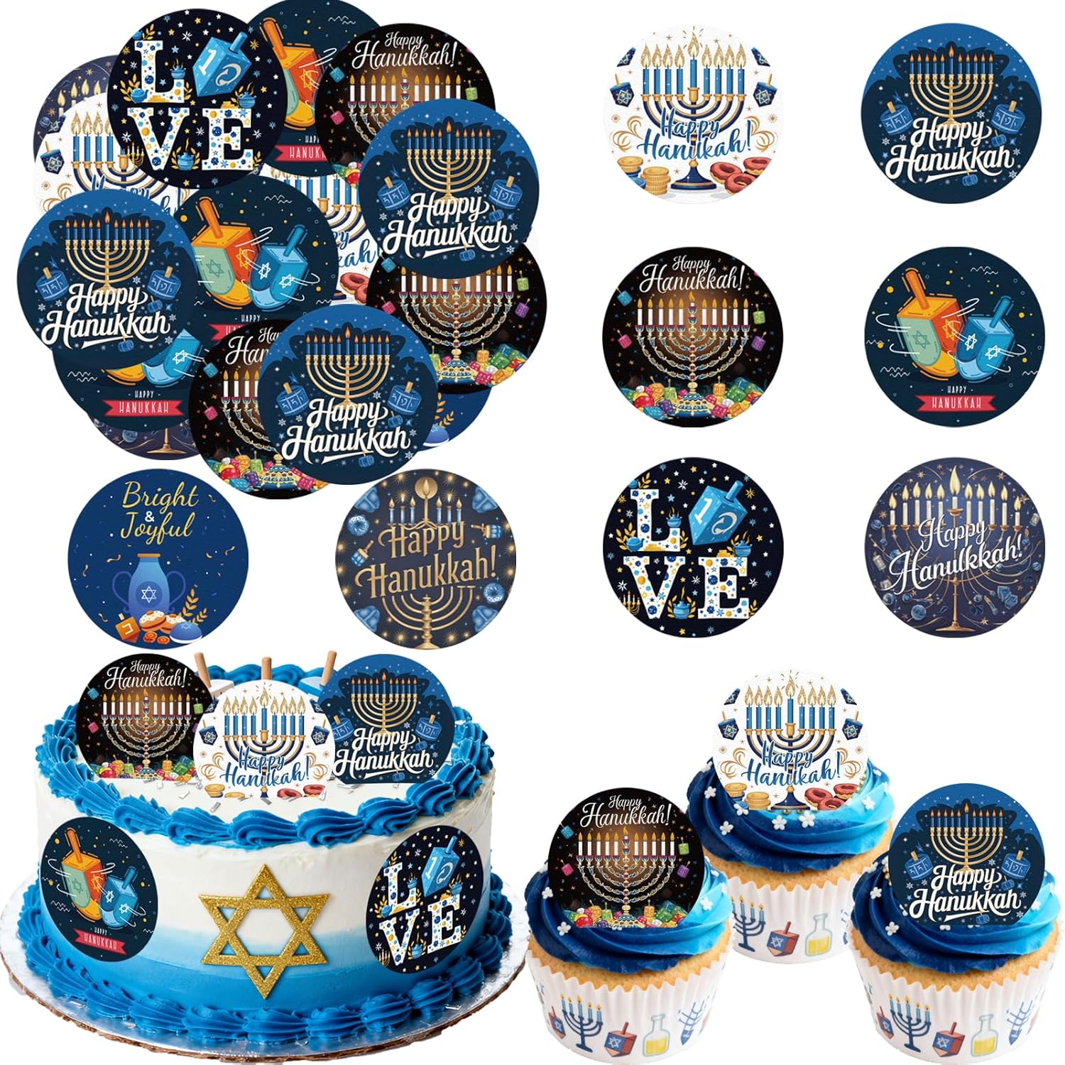 36PCS Edible Happy Hanukkah Cupcake Toppers Wafer Paper Candlestick Hexagram Chanukah Cake Decorations Jewish Cupcake Picks for Chanukkah Theme Party Birthday Decor Supplies (Pattern 2)