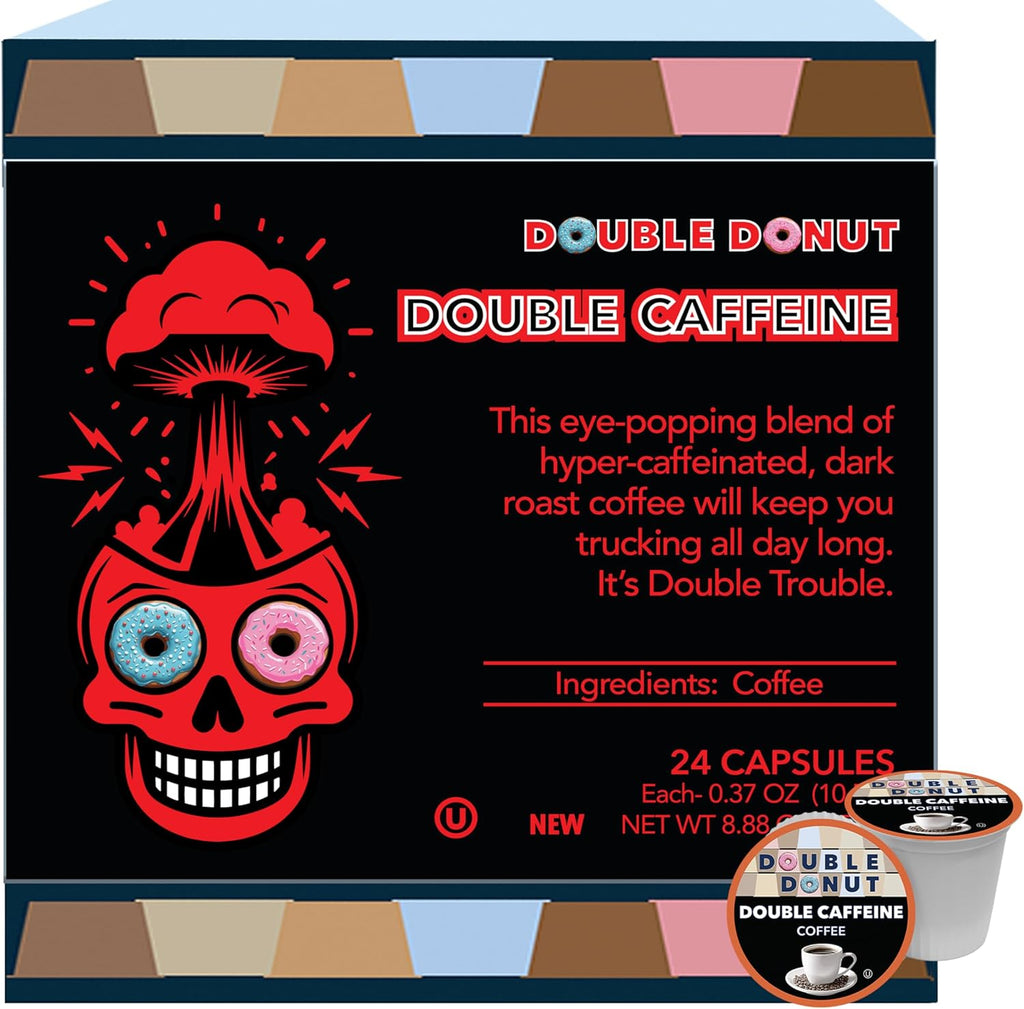 Double Donut Coffee High Caffeine Coffee Pods, Extra Strong Double Caffeine Coffee Cups for Keurig K Cup Brewer Machines Single Serve Dark Roast Coffee, 24 Count