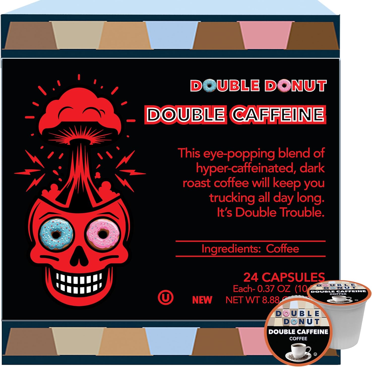 Double Donut Coffee High Caffeine Coffee Pods, Extra Strong Double Caffeine Coffee Cups for Keurig K Cup Brewer Machines Single Serve Dark Roast Coffee, 24 Count