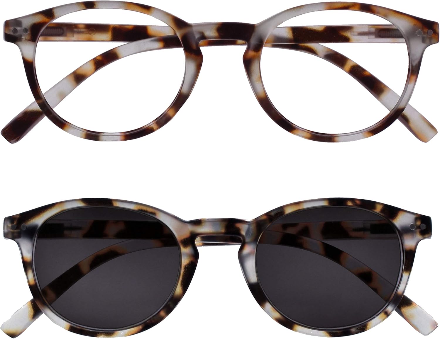 OPULIZE ZEN Reading Glasses and Reading SunGlasses for Women Men,Cool Round, Matt Light Brown Tortoiseshell +1.5 (Pack of 2)