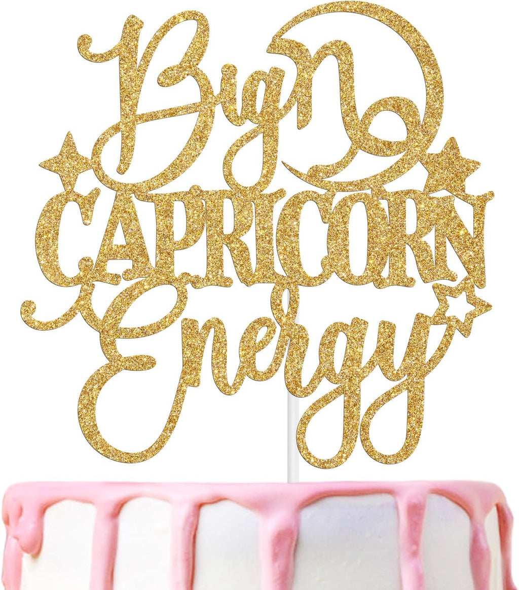 Big Capricorn Energy Cake Topper, Happy Birthday Capricorn in December/January, Capricorn Season, 12 Zodiac Constellation Theme Birthday Party Decoration Supplies, Gold Glitter