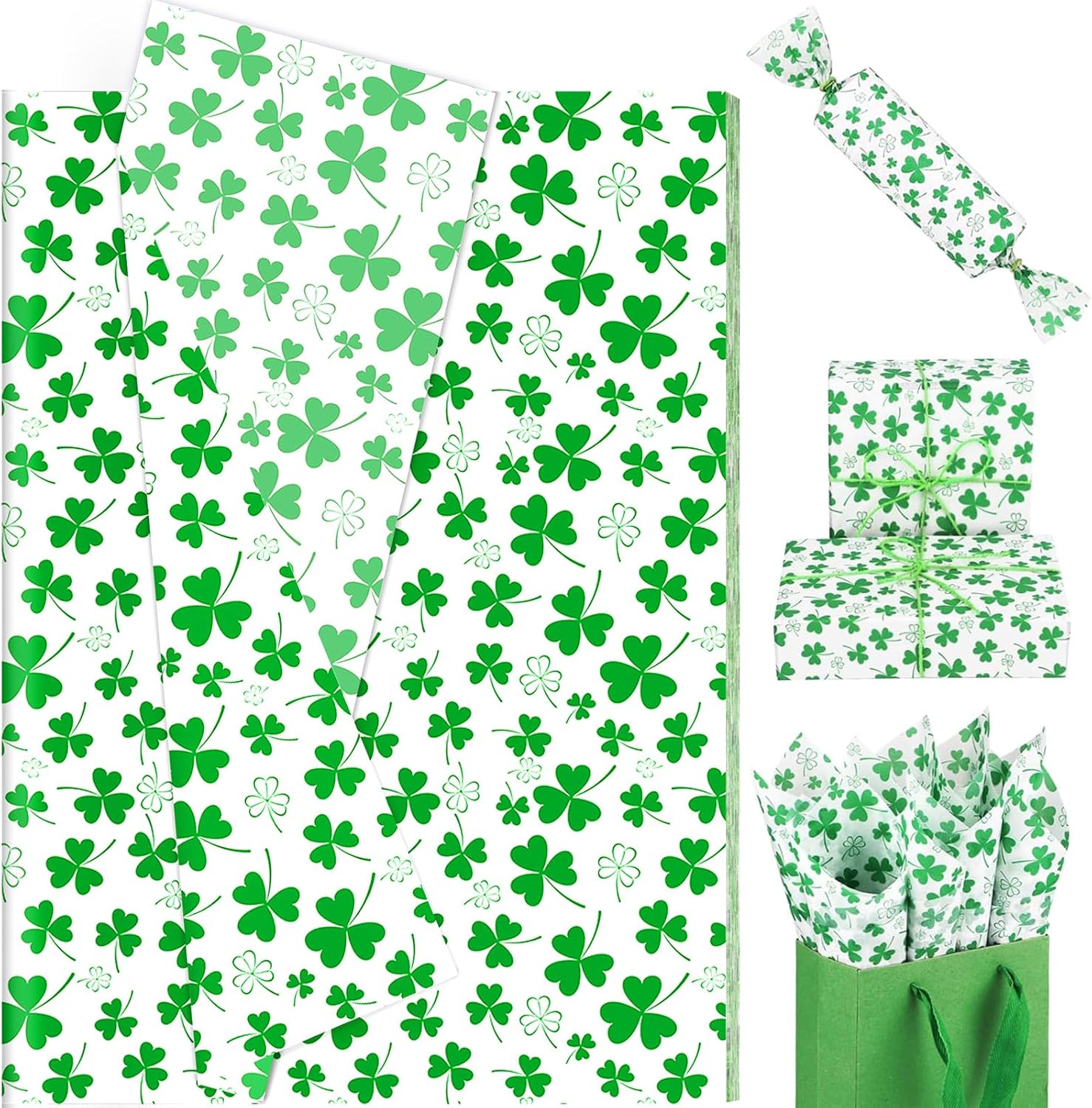Linbystore 60 Sheets Green St. Patrick's Day Tissue Paper, Watercolor Shamrock Printed Tissue Paper for St. Patrick's Day Themed Birthday Wedding Baby Shower DIY Craft