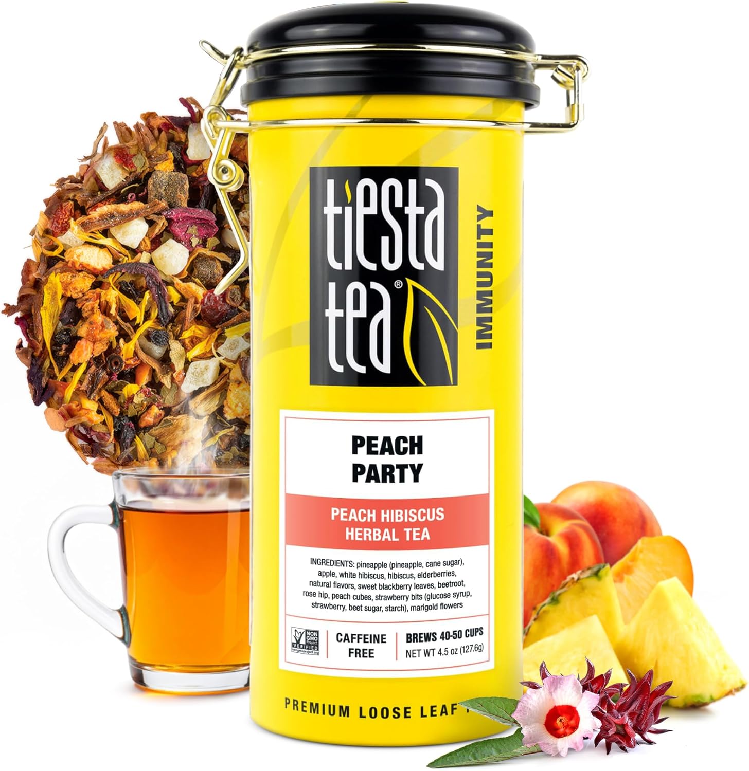 Tiesta Tea - Peach Party, Loose Leaf, Peach Hibiscus Herbal Infusion, Premium Blend, Non-Caffeinated Fruit Tea, Makes Hot or Iced & Up to 50 Cups, 4.5oz Refillable Tin