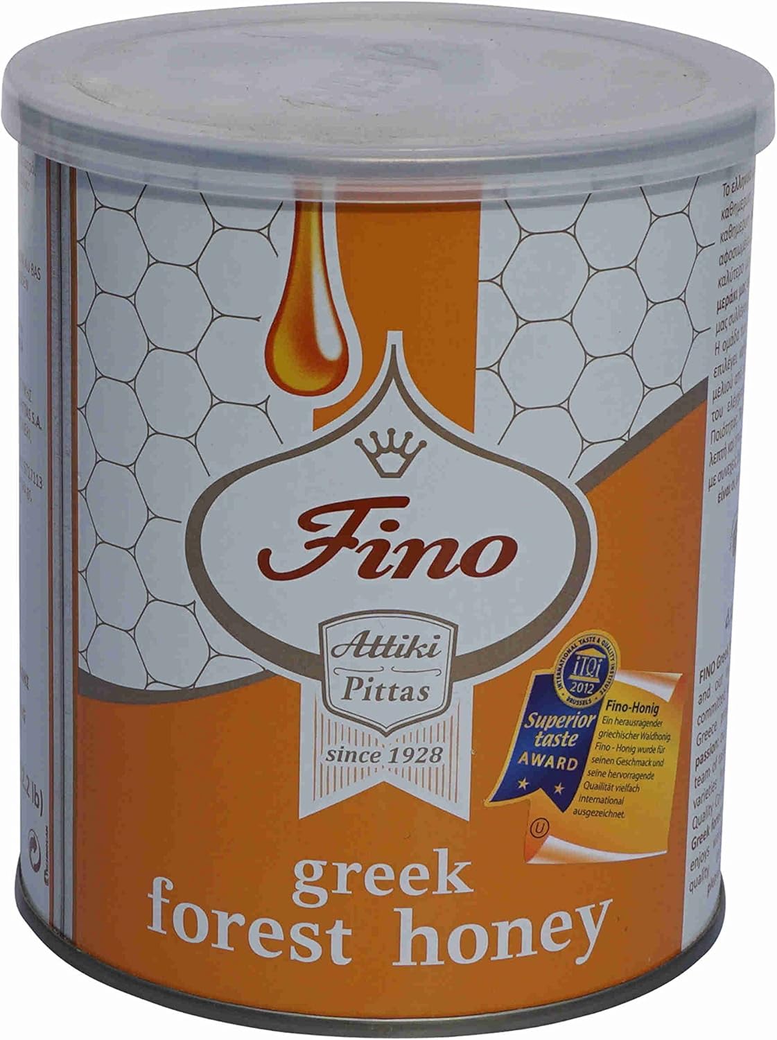 Honey Attiki Fino Wildflowers and Trees 1000g can Greek Forest Honey Rich Aromatic Honey