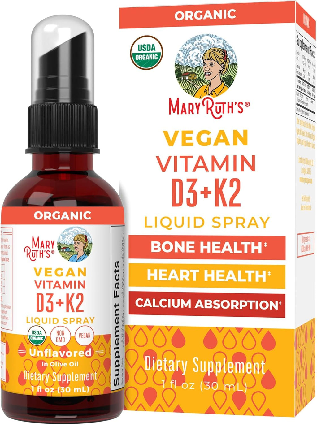 MaryRuth's Organic D3 + K2 Spray for Adults & Kids for Bone Health | Vitamin D3 as Cholecalciferol | Vitamin K2 | Immunity | Mineral Absorption | Heart Health | Vegan | Non-GMO | Gluten Free | 1 Fl Oz