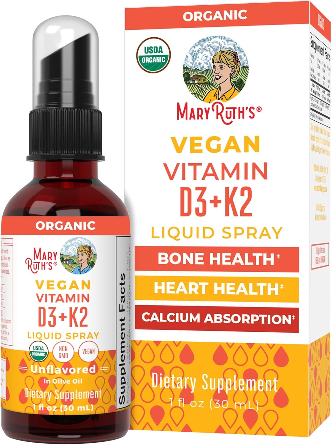 MaryRuth's Organic D3 + K2 Spray for Adults & Kids for Bone Health | Vitamin D3 as Cholecalciferol | Vitamin K2 | Immunity | Mineral Absorption | Heart Health | Vegan | Non-GMO | Gluten Free | 1 Fl Oz