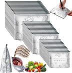 3 Size Reusable Aluminum Foil Food Storage Bags with Zipper Closure, 30 Pack Clear, Stand Up Foil Sealable Bags with Label and Zip Lock for Vegetable Fruit Meat Freezer Safe, Washable