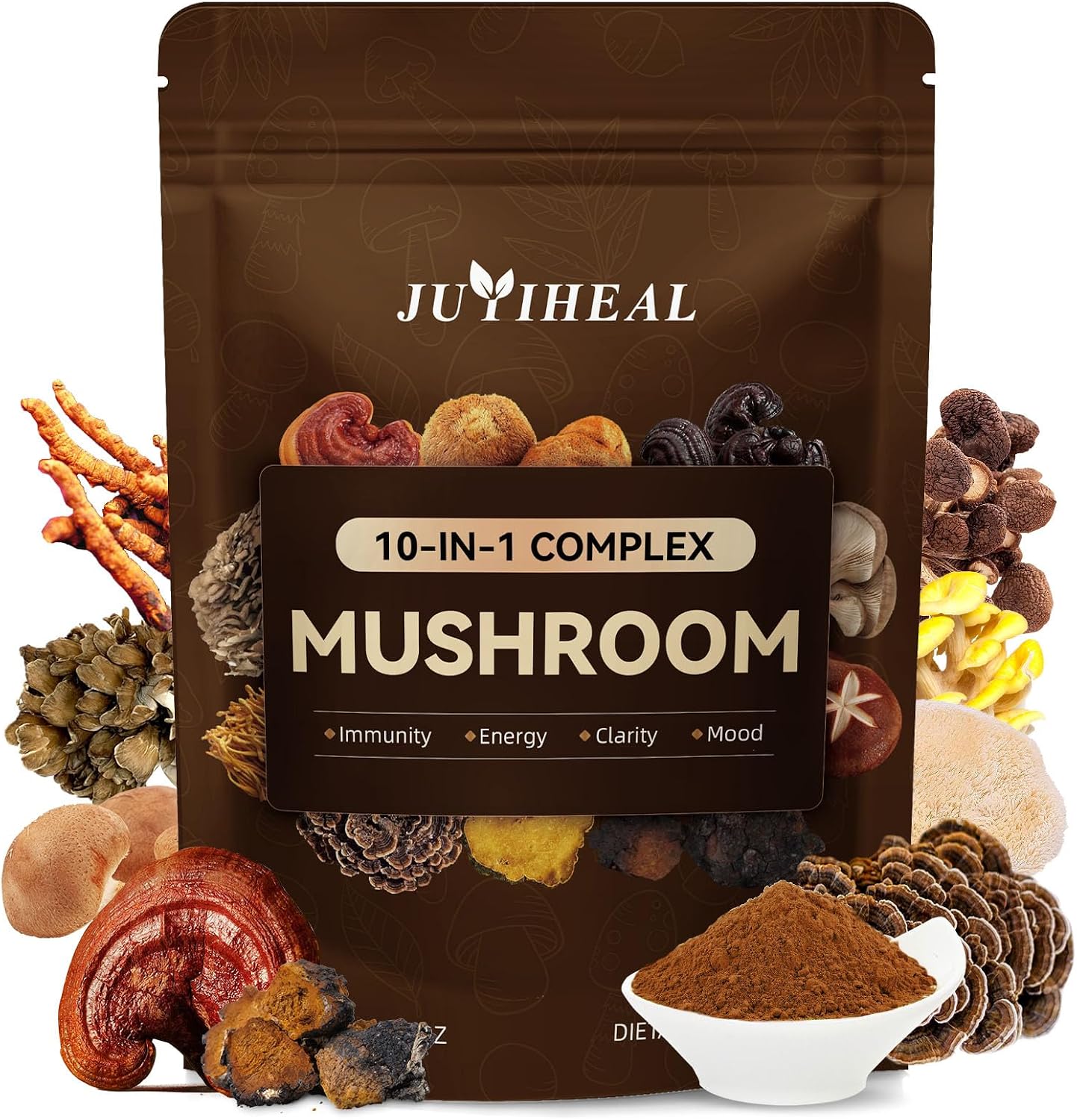 10-in-1 Mushroom Powder, Organic Mushroom Complex - Lions Mane, Reishi, Shiitake, Chaga, Turkey Tail, Cordyceps & More, Mushroom Supplement Powder for Energy, Memory, Focus & Immune Support - 60g