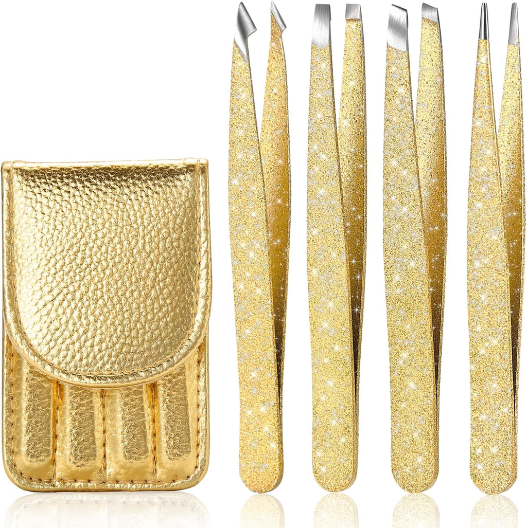 4-Pcs Glitter Stainless Steel Precision Tweezer Set for Eyebrows, Ingrown Hair & Lash Extensions (Gold)