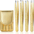 4-Pcs Glitter Stainless Steel Precision Tweezer Set for Eyebrows, Ingrown Hair & Lash Extensions (Gold)
