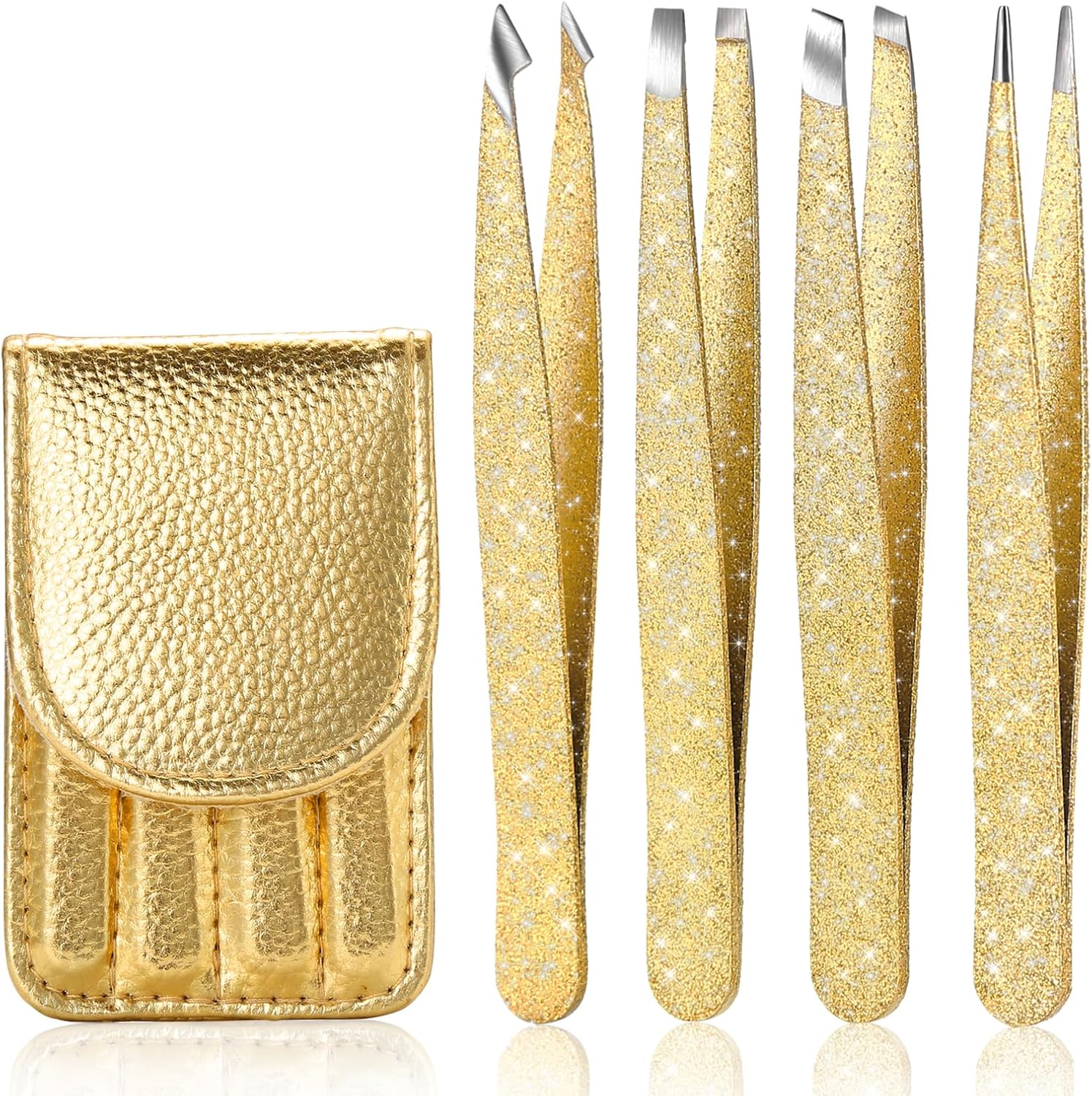 4-Pcs Glitter Stainless Steel Precision Tweezer Set for Eyebrows, Ingrown Hair & Lash Extensions (Gold)