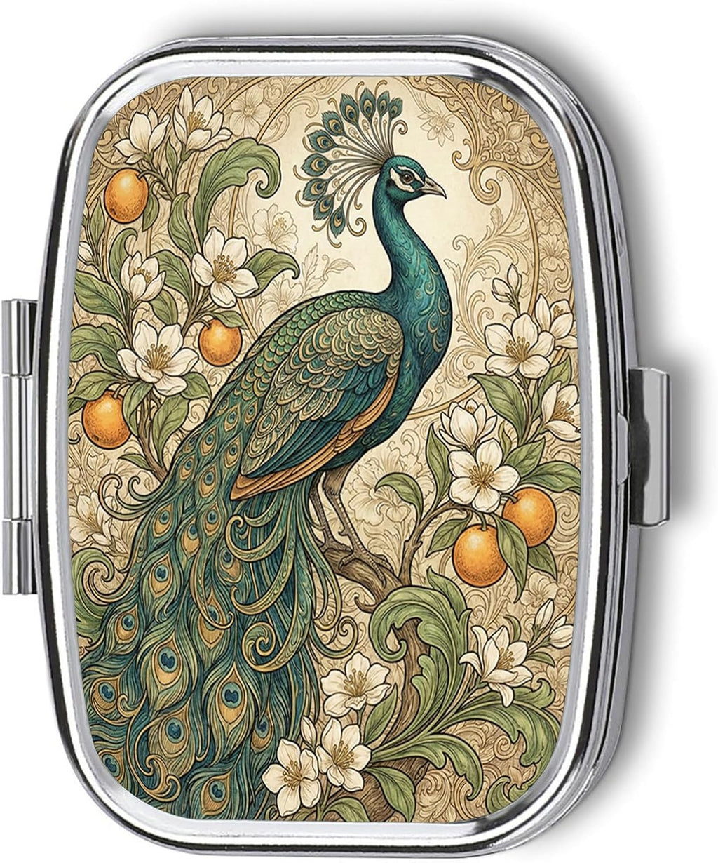 Metal 2 Compartment Pill Organizer Travel Friendly Portable Compact Pill Box Cute Pill Case,for Pocket Wallets Daily Portable Medicine Vitamin Tablet Storage (Beautiful Peacocks)