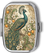 Metal 2 Compartment Pill Organizer Travel Friendly Portable Compact Pill Box Cute Pill Case,for Pocket Wallets Daily Portable Medicine Vitamin Tablet Storage (Beautiful Peacocks)