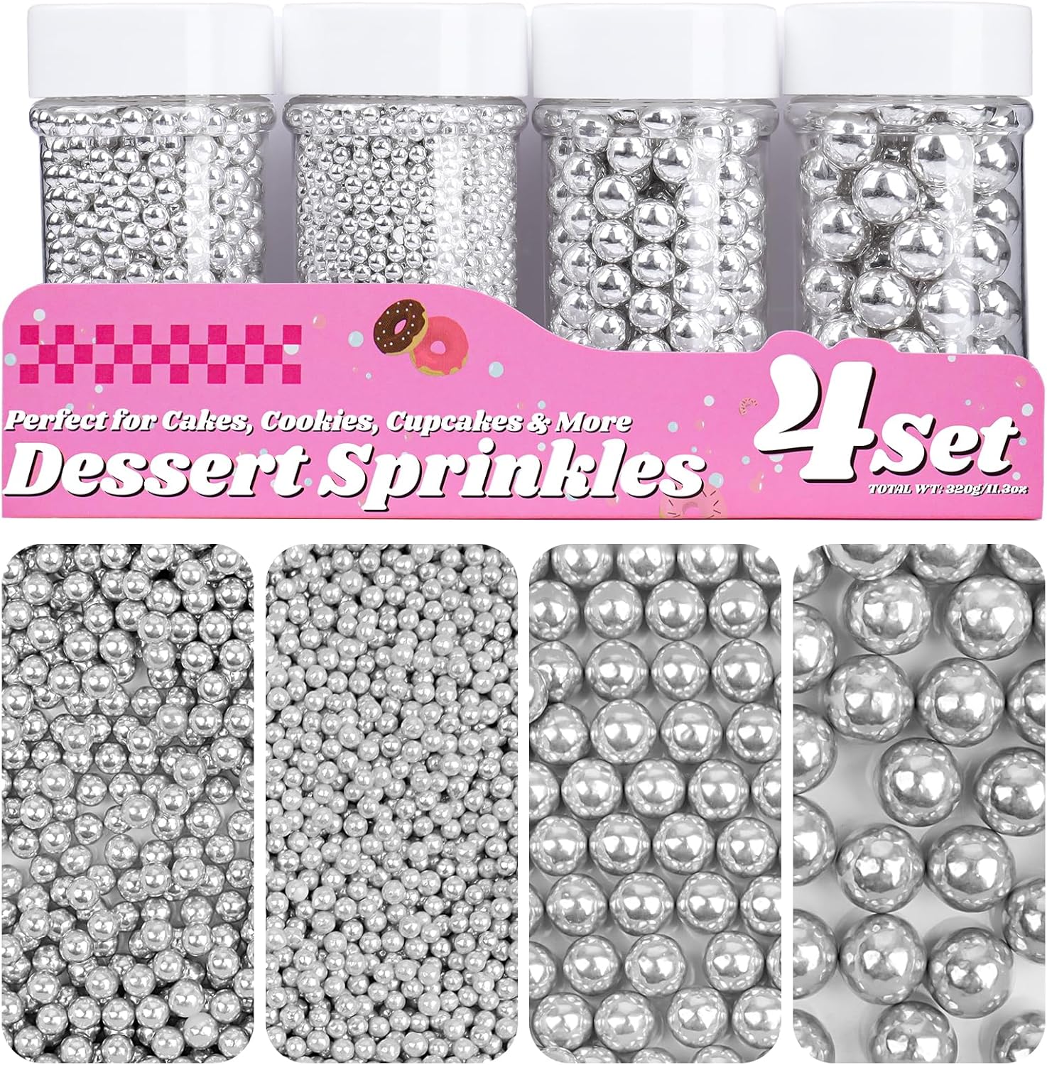 Silver Pearl Sprinkles for Cake Decorating, 11.3 Oz Edible Pearls Sugar Large Capacity 4 Jars Set for Baking Cookie Ice Cream Cupcake Topping