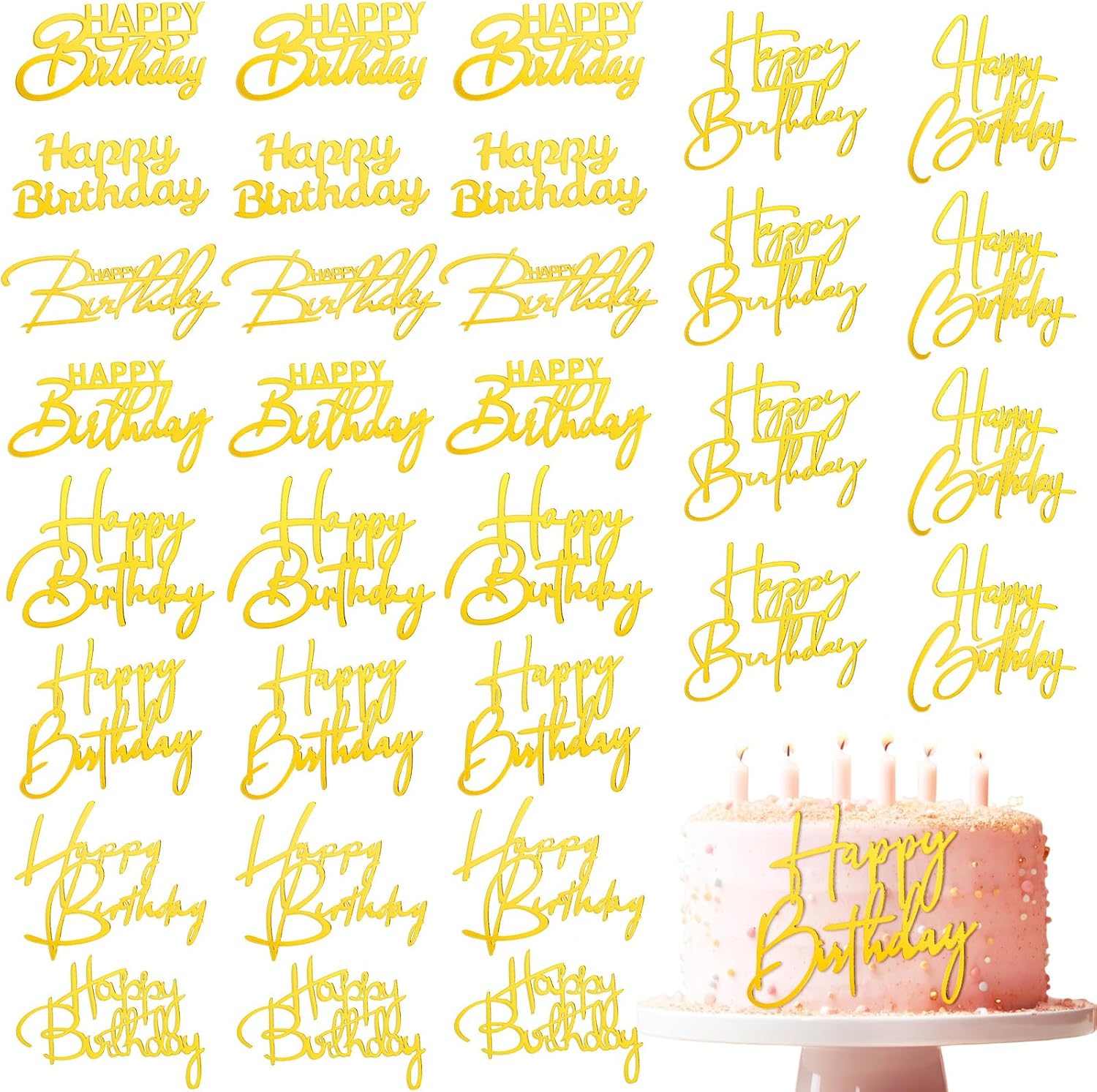 Barydat 50 Pcs Happy Birthday Cake Toppers Bulk Mirror Acrylic Cupcake Topper Cupcake Decorations Happy Birthday Sign for Cake Side Inserts Decor Party Supplies 10 Style(Gold)