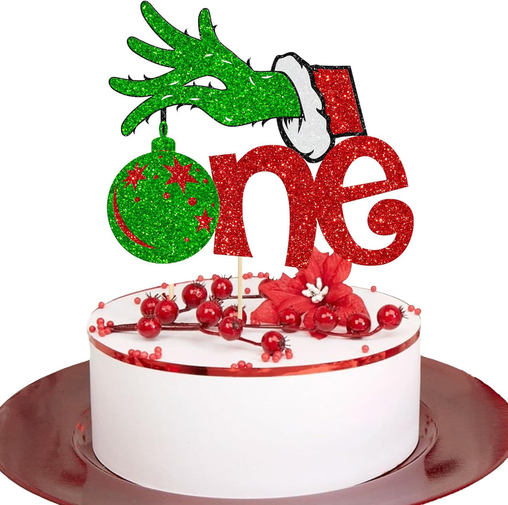 Gyufise 1 Pack Christmas One Cake Toppers Merry Christmas Hand Cake Picks Birthday Party Decoration for Xmas Theme Baby Shower 1st Birthday Party Cake Decorations Supplies Red