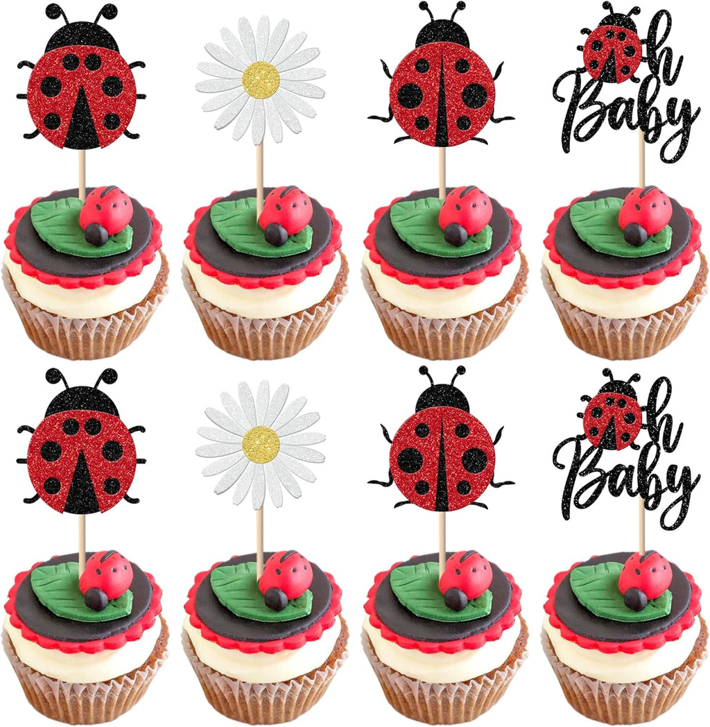 24 Pack Ladybug Oh Baby Cupcake Toppers Glitter Baby Birthday Insects Ladybug Cupcake Picks Baby Shower Kids 1st Birthday Flowers Party Cake Decorations Supplies