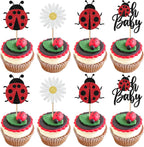 24 Pack Ladybug Oh Baby Cupcake Toppers Glitter Baby Birthday Insects Ladybug Cupcake Picks Baby Shower Kids 1st Birthday Flowers Party Cake Decorations Supplies