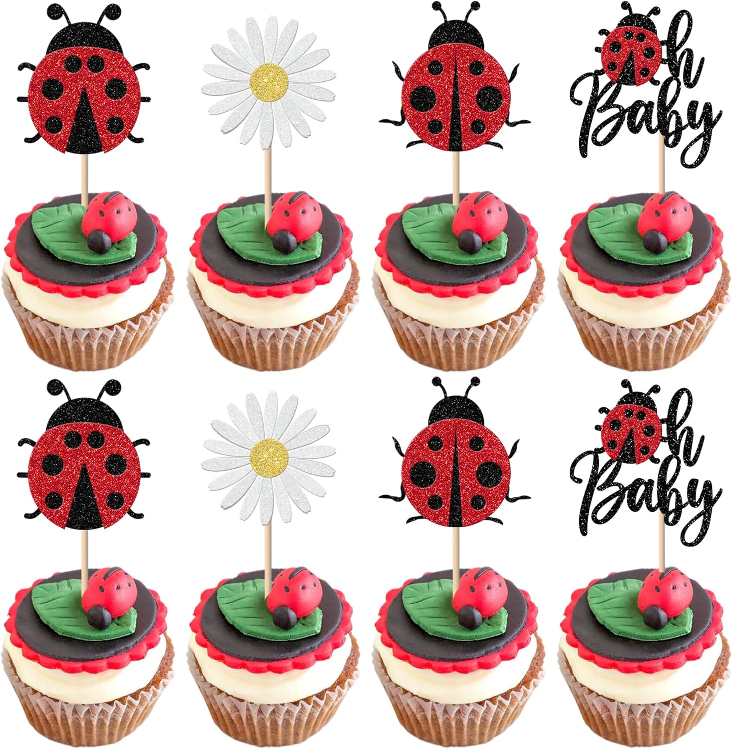 24 Pack Ladybug Oh Baby Cupcake Toppers Glitter Baby Birthday Insects Ladybug Cupcake Picks Baby Shower Kids 1st Birthday Flowers Party Cake Decorations Supplies