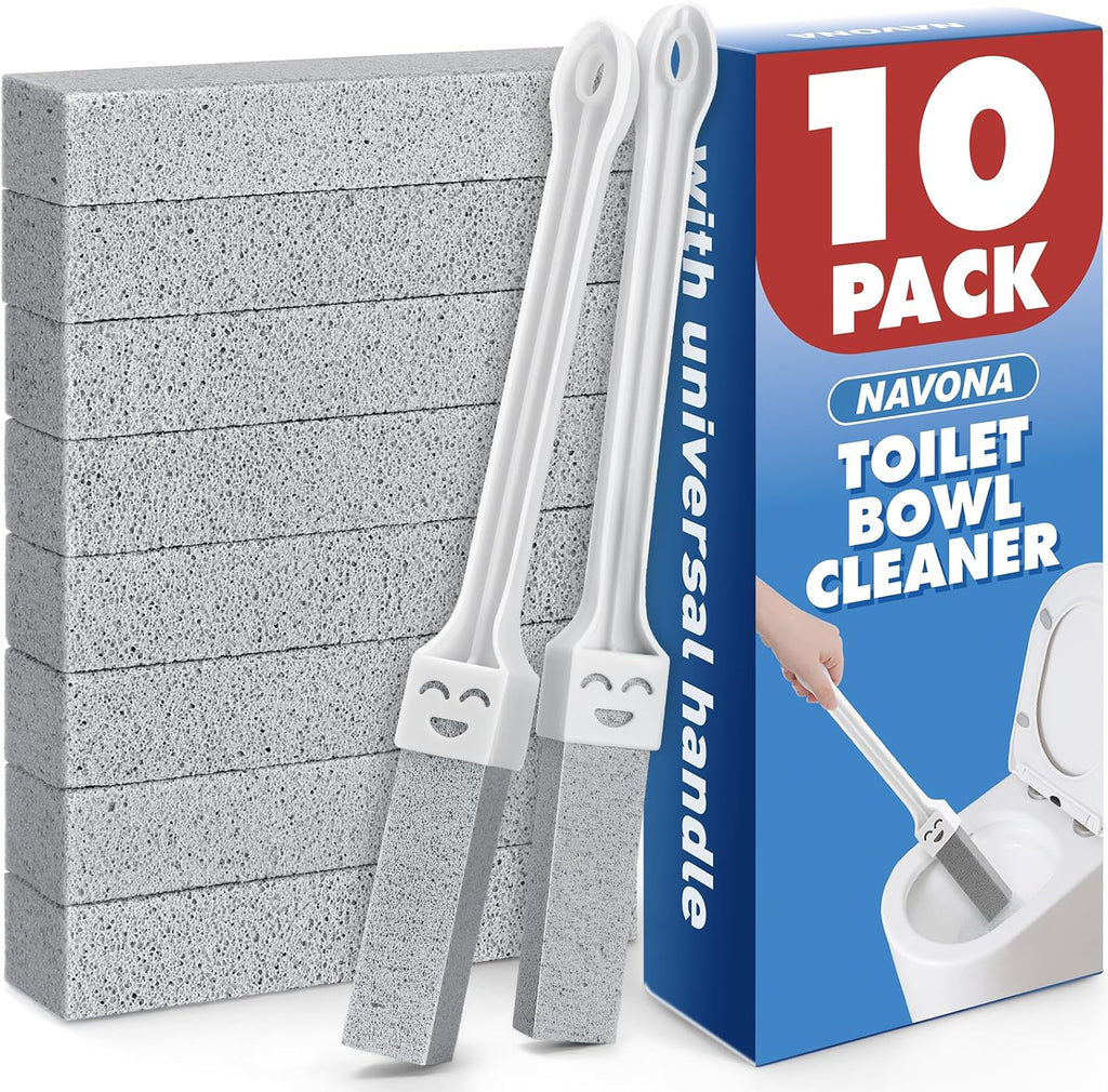 Navona 10 Pack Pumice Stone Toilet Bowl Cleaner with 2 Extra Long Handle,Pumice Stone Scouring Sticks for Toilets, Bathrooms, Kitchens, Spas and Pools