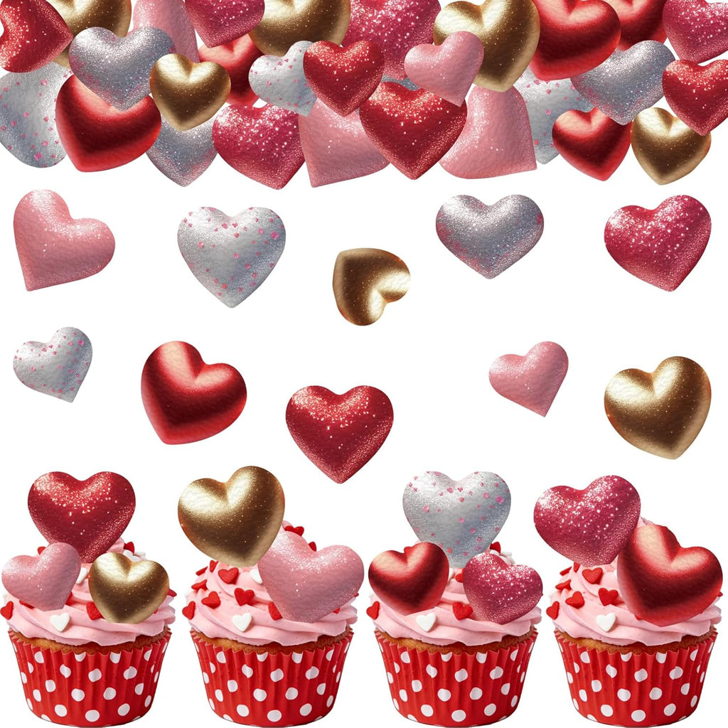 56PCS Edible Heart Cupcake Toppers Wafer Paper Red Pink Heart Cupcake Picks Sweet Love Cake Decor for Valentine's Day Theme Party Birthday Decoration Supplies