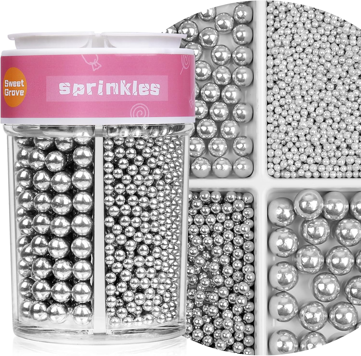 Silver Sprinkles, Edible Pearls for Cake Decorating, 7.8oz Sugar Candy Pearls for Baking, Cookie Decorations & Cupcake Topper, Wedding Shower Party Christmas Supplies (Silver, 4 Sizes Mix)