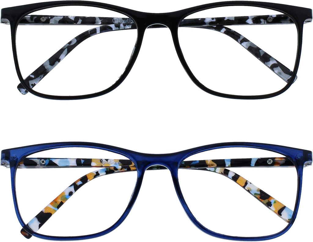OPULIZE ARC Large Reading glasses for Women Men,Scratch Resistant Rectangular frame with Spring Hinges, Black, Blue +2 (Pack of 2)