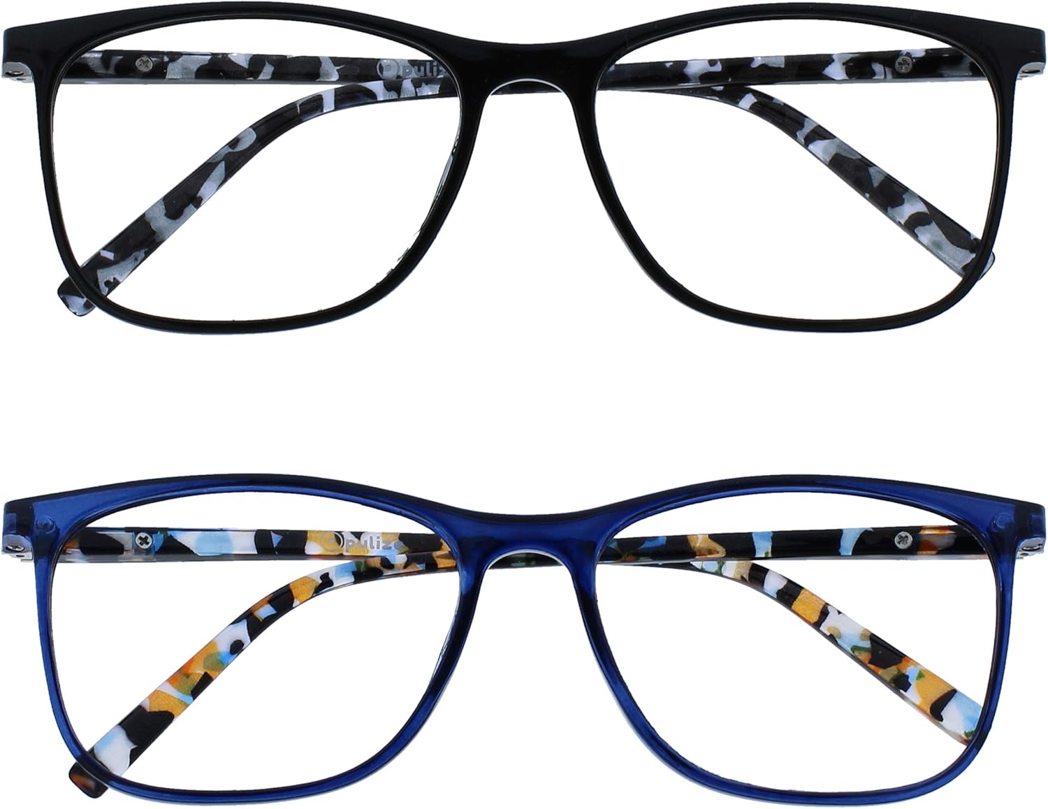 OPULIZE ARC Large Reading glasses for Women Men,Scratch Resistant Rectangular frame with Spring Hinges, Black, Blue +2.5 (Pack of 2)