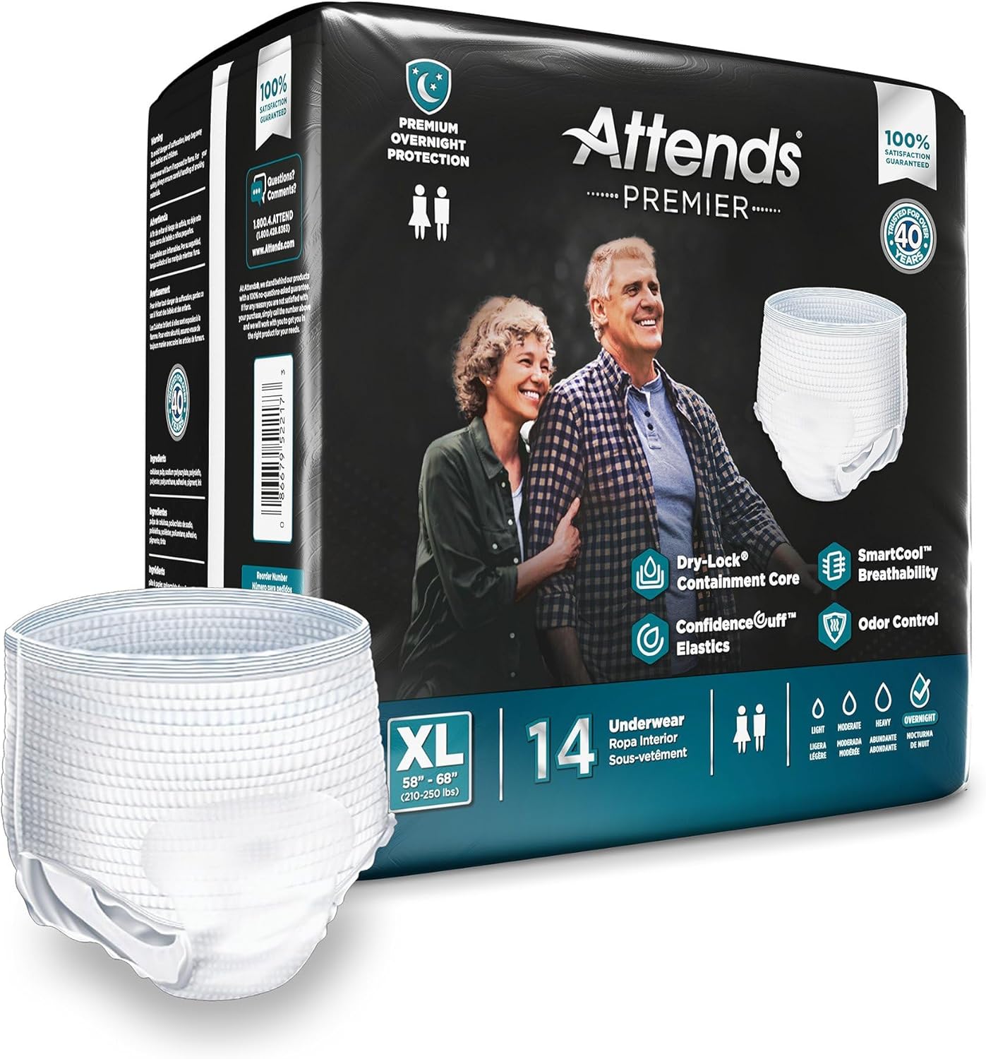 Attends Premier Adult Incontinence SmartCool® Underwear, X-Large (58-68"), [14 Count] - Overnight Absorbency for Men and Women, Disposable Pull-On Diapers with Tear-Away Sides, ALI-UW40