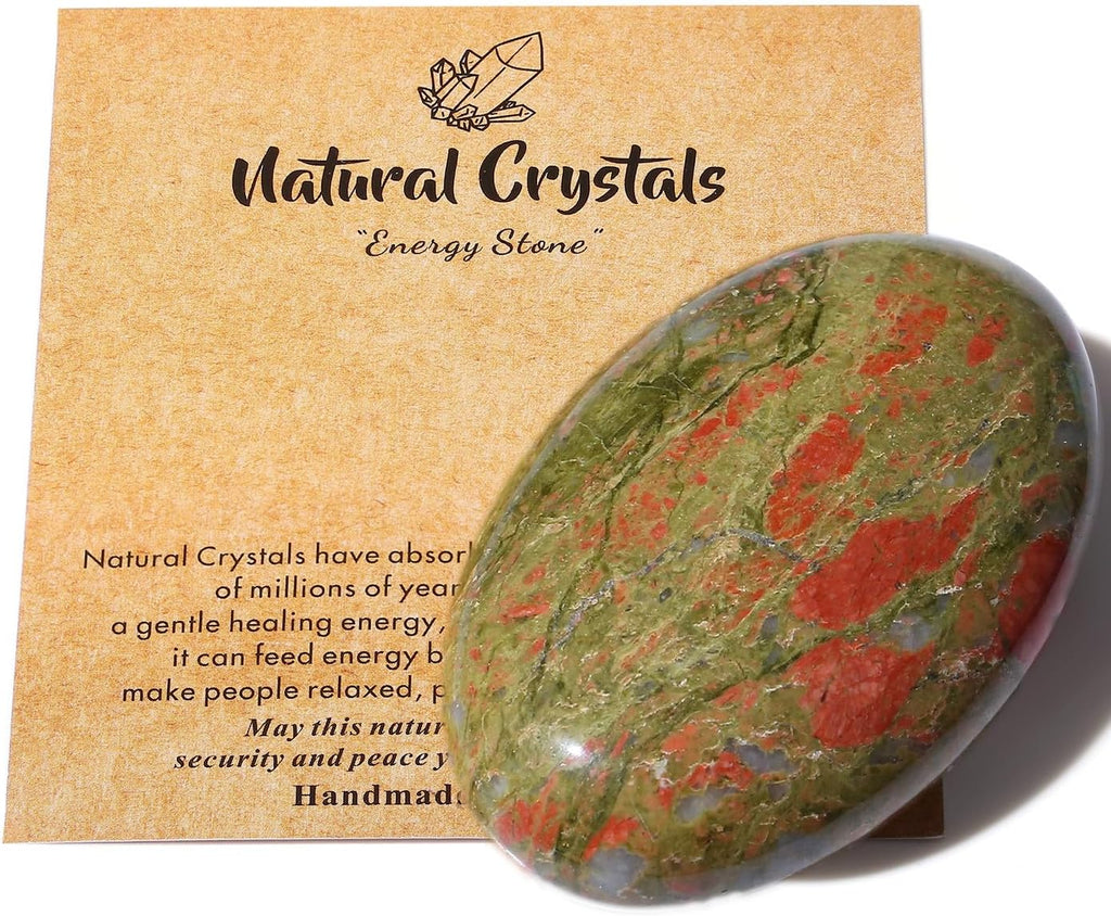 MAIBAOTA 2.4" Large Unakite Crystal Stone Polished Palm Stone Healing Crystals 0.7" Thick Natural Reiki Gemstone Worry Stone Energy Balancing Anxiety Stress Relief Meditation 1 Pc