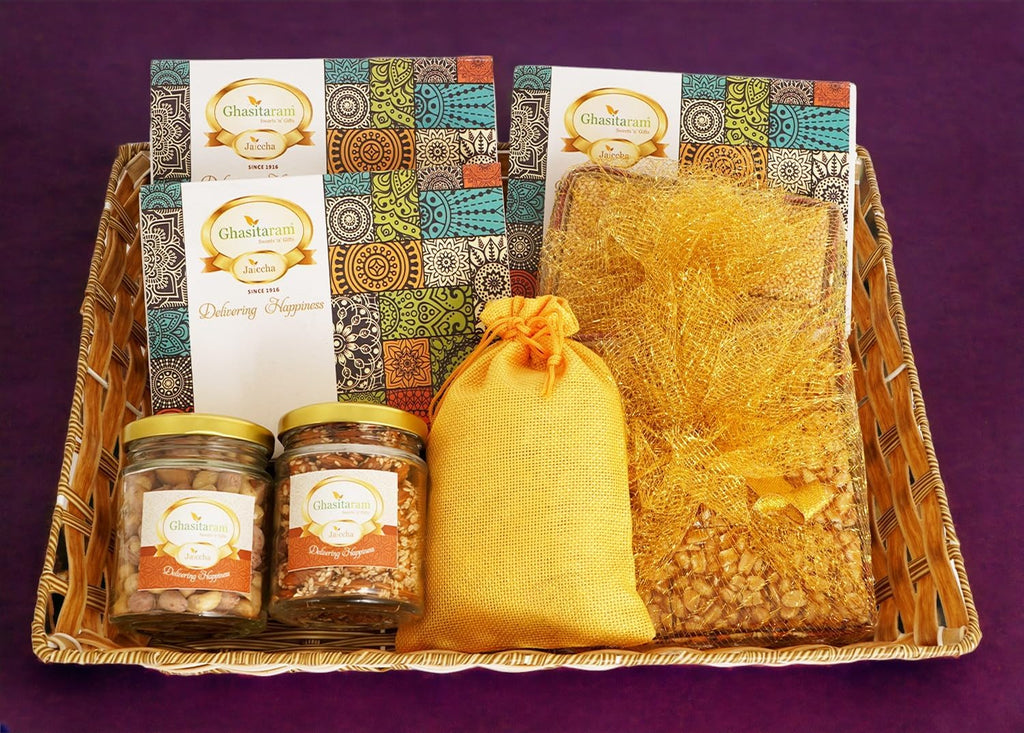 Ghasitaram Gifts Jaiccha Lohri Sweets Gachak hampers Lohri Rectangle Basket