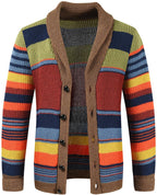 Mens Rainbow Cardigan Sweaters Striped Color Block Shawl Collar Sweatshirt Cable Knit Open Front Warm Lapel Outwear