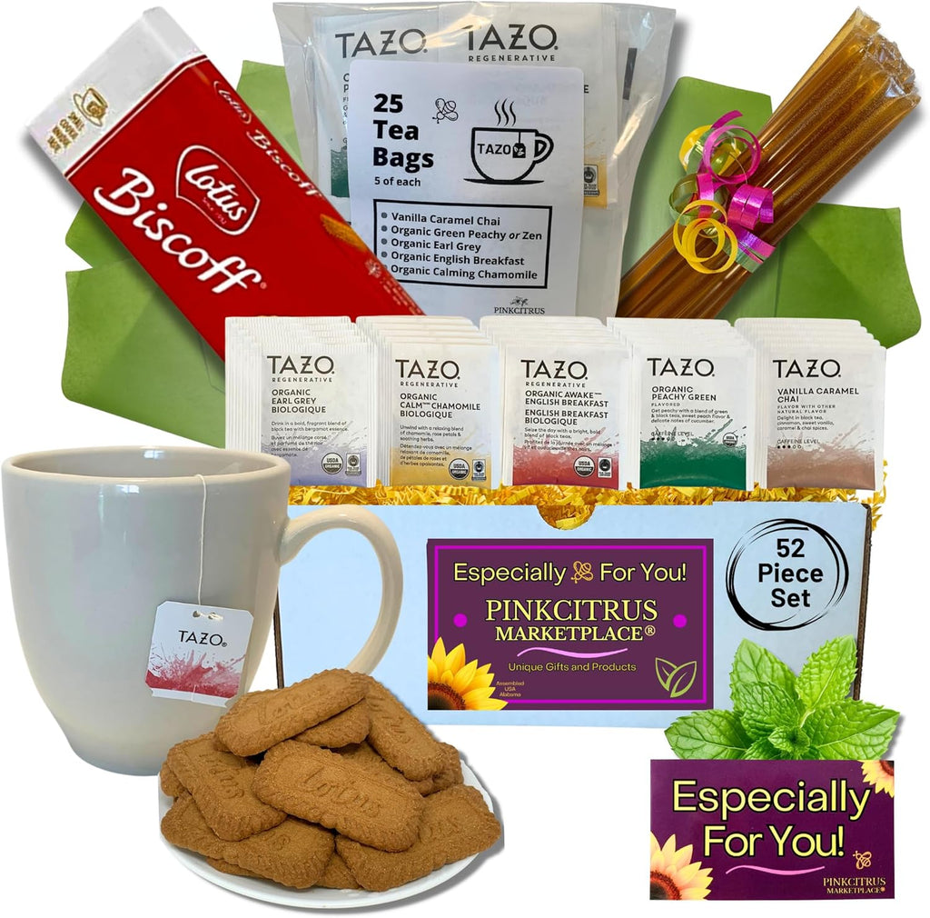 Tea And Cookie Lovers Gift Set Basket Box Care Package With Honey Sticks And White Bistro Mug Thinking Of You, Get Well Soon, Birthday Ideas For Women, Men, Family And Friends