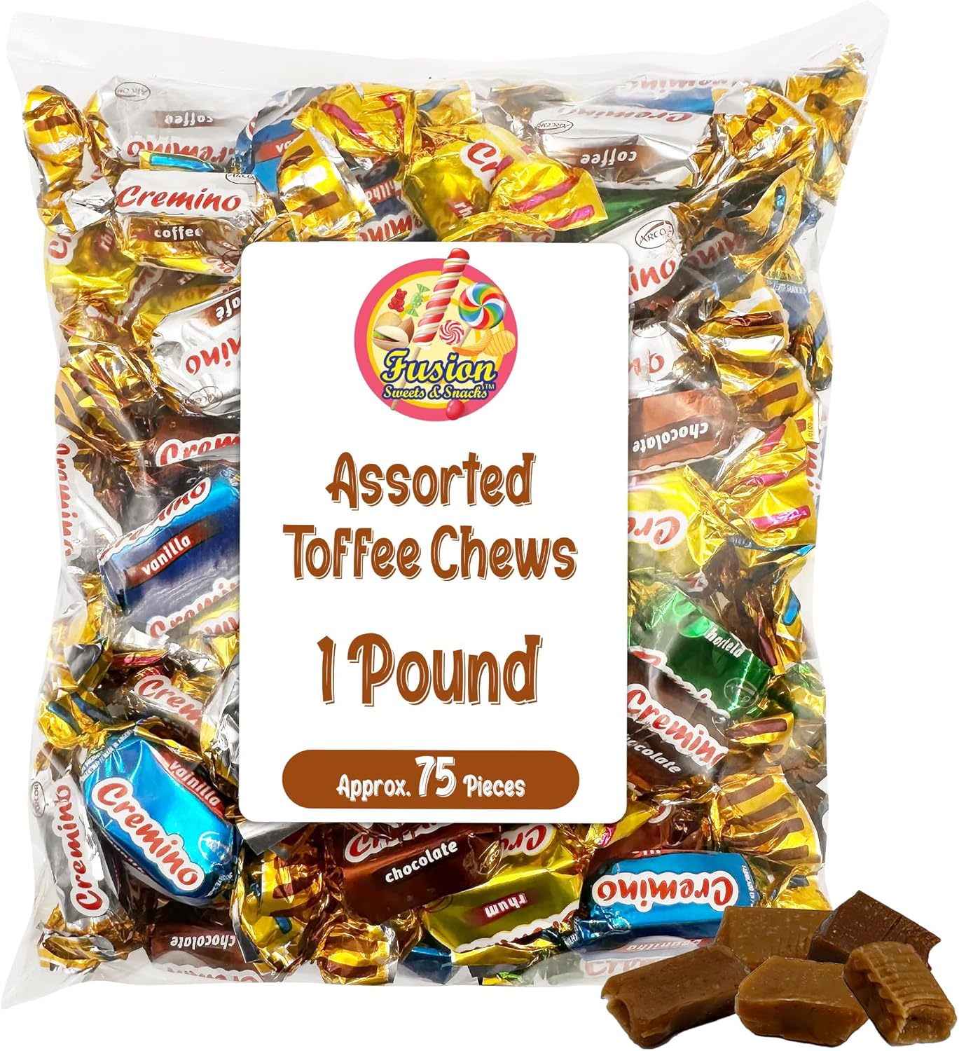 Toffee Candy Assorted - 1 Pound Bulk Chews, Toffee Candy Individually Wrapped - Five Delicious Flavors Vanilla, Chocolate, Coffee, Rum and Mint - Approx 75 Pieces