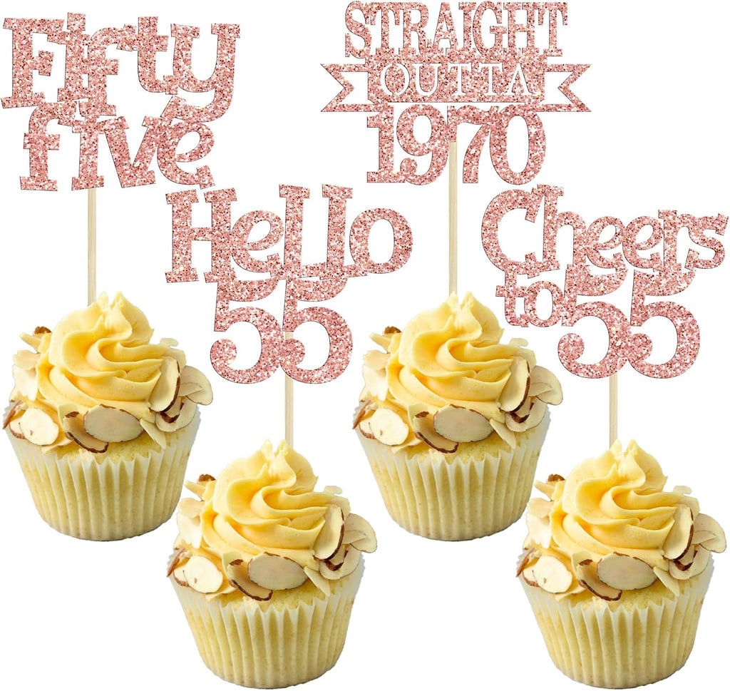 Ephlyn 24Pcs 55th Birthday Cupcake Toppers Glitter Straight Outta 1970 Cupcake Picks Hello 55 Cheers to 55 Years Cake Decorations for 55th Birthday Anniversary Party Decorations Supplies Rose Gold