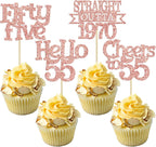 Ephlyn 24Pcs 55th Birthday Cupcake Toppers Glitter Straight Outta 1970 Cupcake Picks Hello 55 Cheers to 55 Years Cake Decorations for 55th Birthday Anniversary Party Decorations Supplies Rose Gold