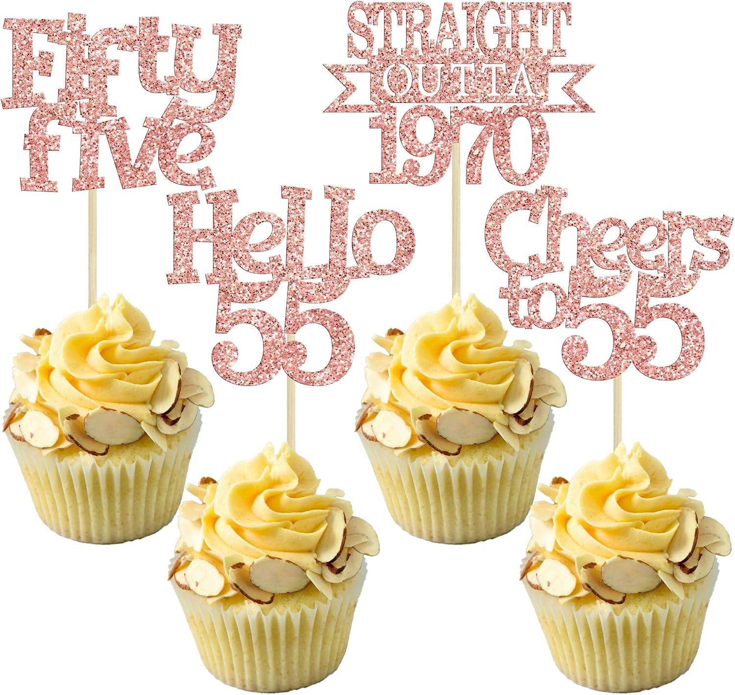 Ephlyn 24Pcs 55th Birthday Cupcake Toppers Glitter Straight Outta 1970 Cupcake Picks Hello 55 Cheers to 55 Years Cake Decorations for 55th Birthday Anniversary Party Decorations Supplies Rose Gold